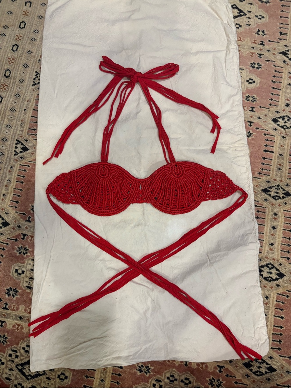 Indah Red Crochet Bikini Top with Tie Straps XS